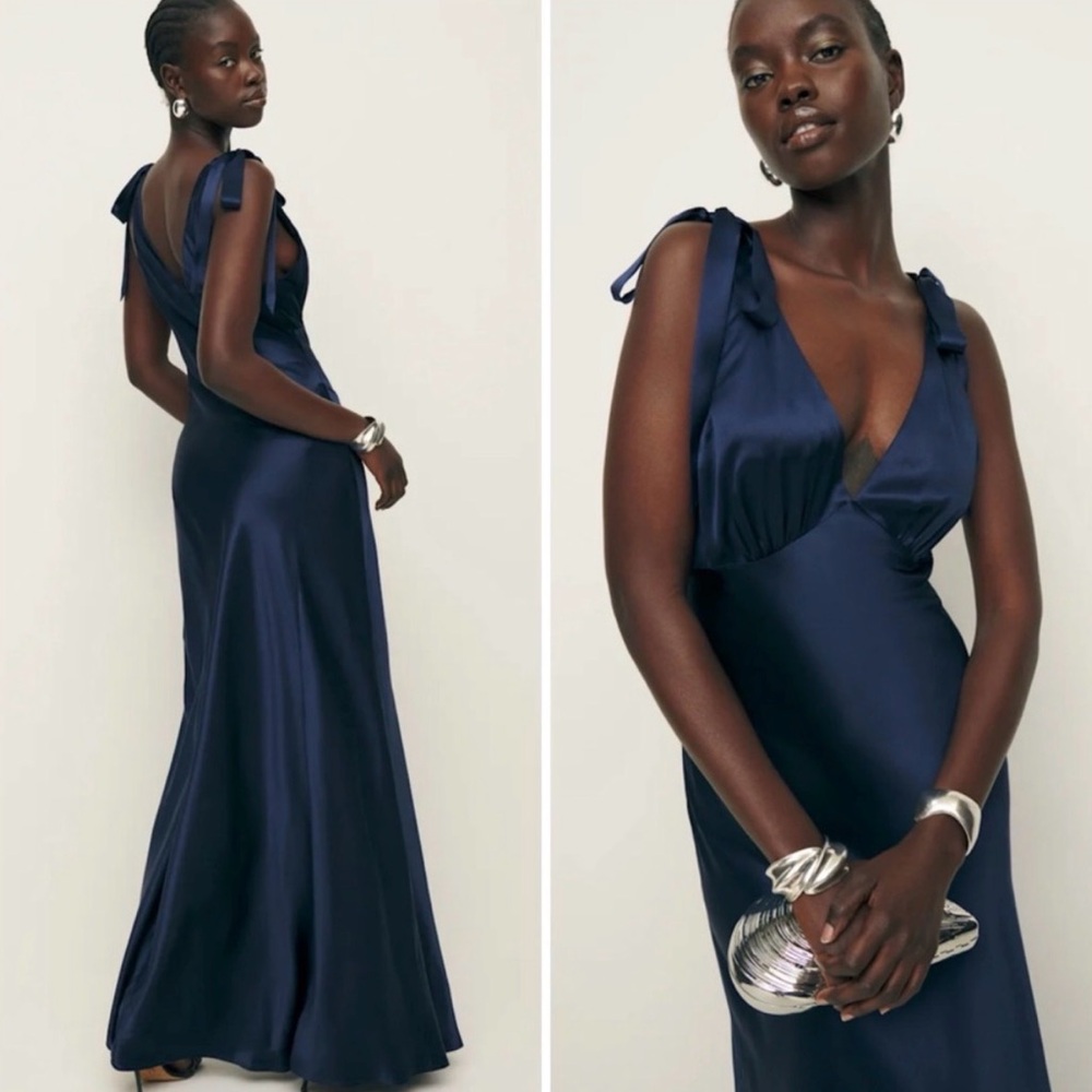 🆕 REFORMATION Pernille Silk Maxi Dress Navy Blue Sz L - Picture 2 of 7